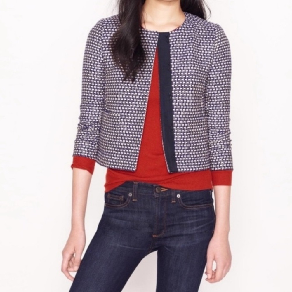 *J. Crew Blue & White Tweed Women’s Silk Blend 3/4 Sleeve Cropped Blazer #V